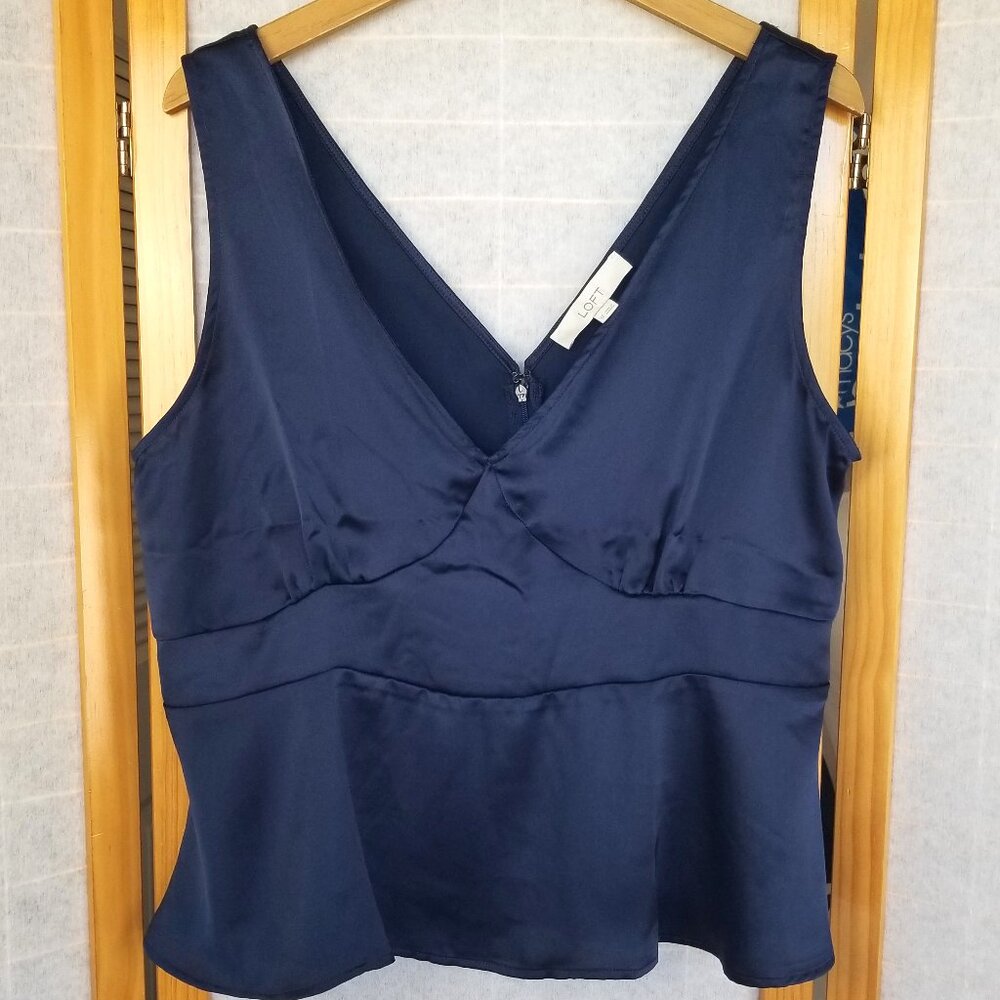 Patriotic NEW Loft Navy Blue Satin Peplum Blouse Top Sleeveless Size 12